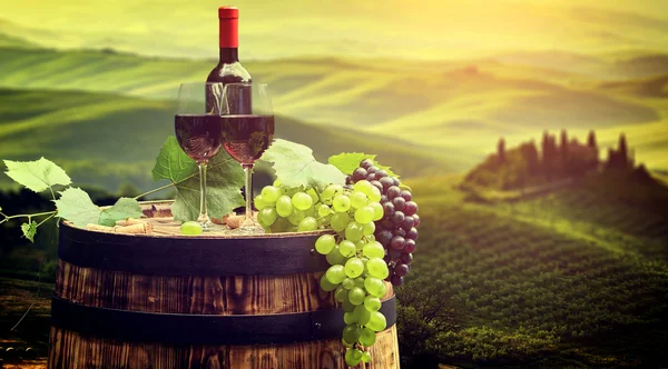 Vin flaska och glas på trä fat — Stockfoto