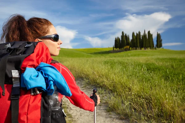 Hiking woman during hike trek on Toscan — Stock Photo, Image