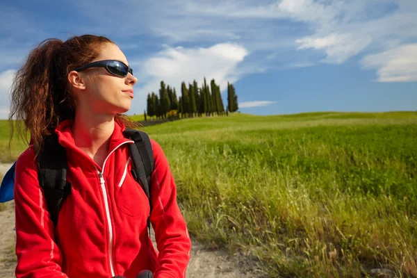 Hiking woman during hike trek on Toscan — Stock Photo, Image