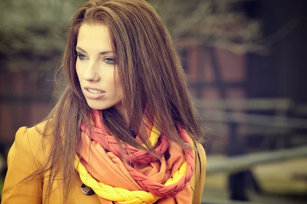 Schöne Frau auf herbstlichem Hintergrund — Stockfoto