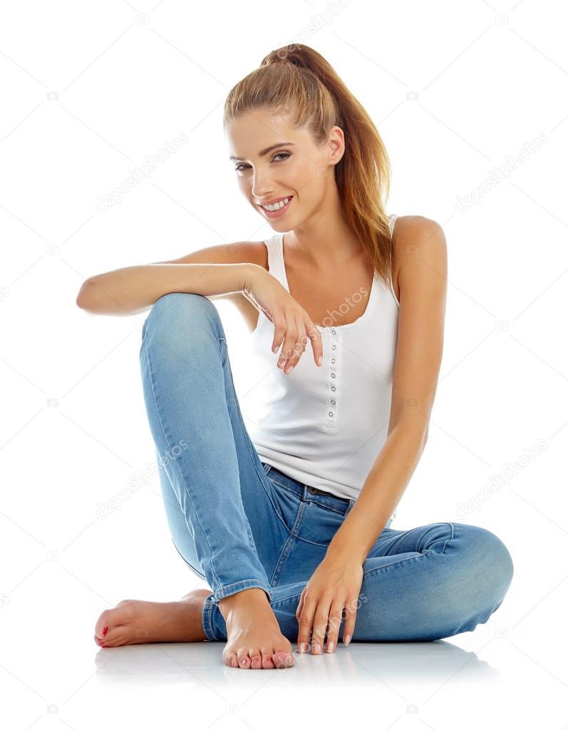 Girl in jeans and white t-shirt