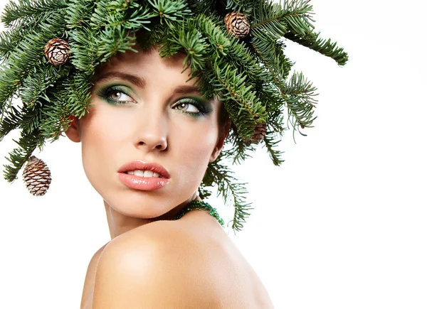 Beautiful woman in creative christmas decoration — Zdjęcie stockowe