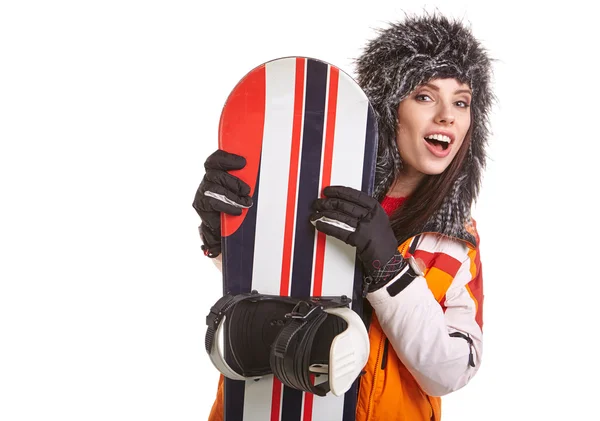 Femme en costume de snowboarder — Photo
