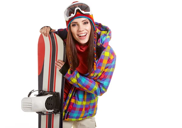 Žena v šatech snowboardista — Stock fotografie