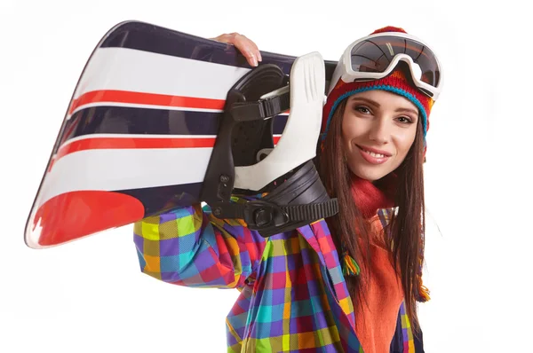 Žena v šatech snowboardista — Stock fotografie