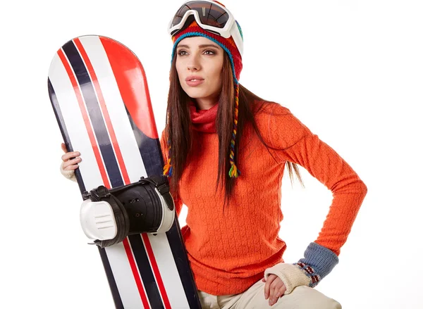 Žena v šatech snowboardista — Stock fotografie