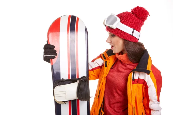 Žena v šatech snowboardista — Stock fotografie