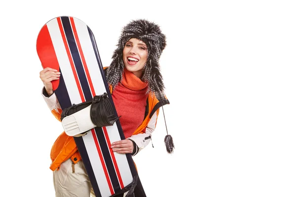 Žena v šatech snowboardista — Stock fotografie