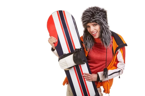 Femme en costume de snowboarder — Photo