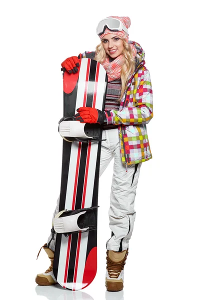 Žena v šatech snowboardista — Stock fotografie