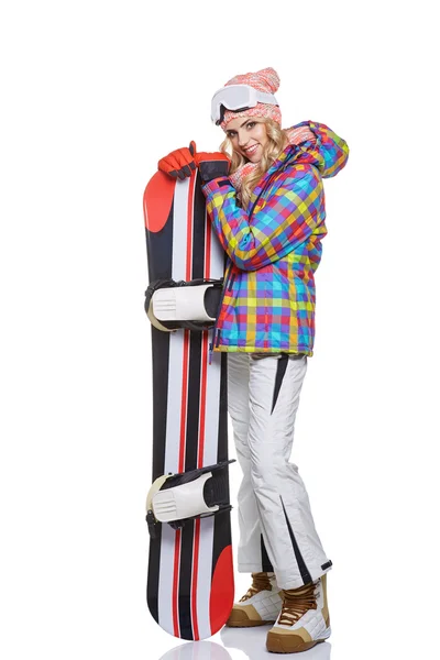 Femme en costume de snowboarder — Photo