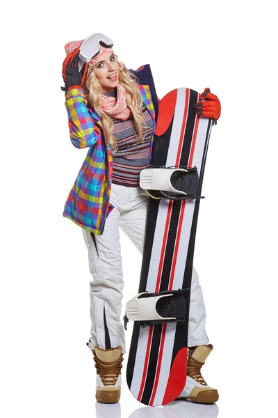 Snowboard takım elbiseli kadın — Stok fotoğraf