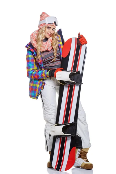 Femme en costume de snowboarder — Photo