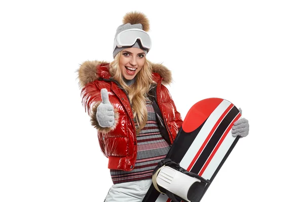 Femme en costume de snowboarder — Photo