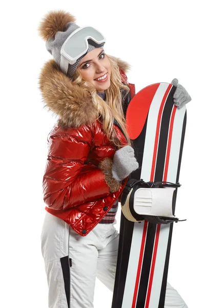 Femme en costume de snowboarder — Photo