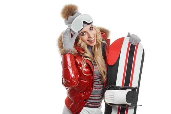 Femme en costume de snowboarder — Photo