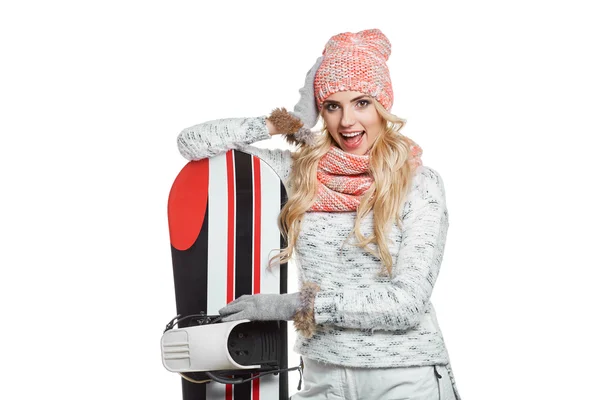 Femme en costume de snowboarder — Photo