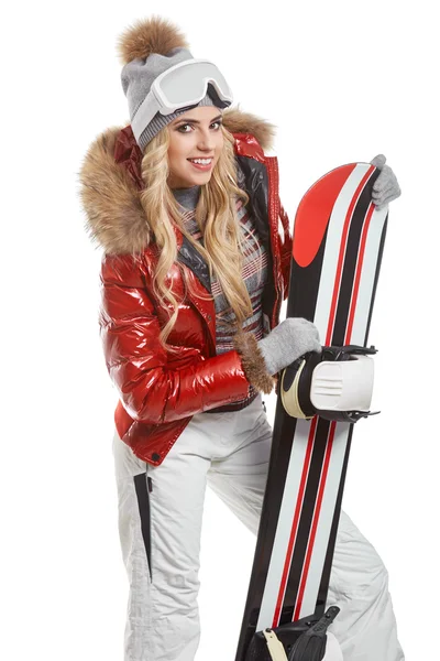 Mulher de fato de snowboard — Fotografia de Stock