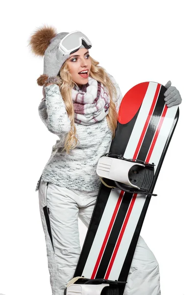 Snowboard takım elbiseli kadın — Stok fotoğraf