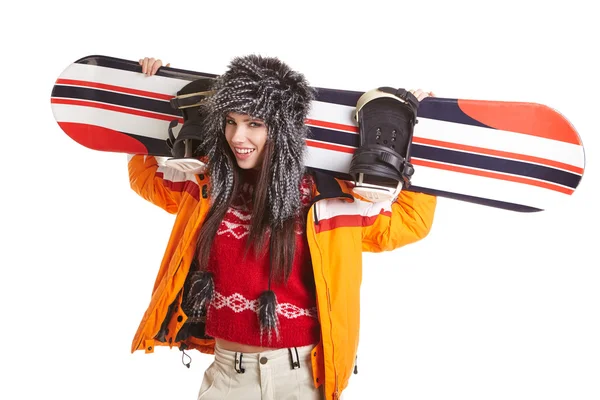 Snowboard takım elbiseli kadın — Stok fotoğraf