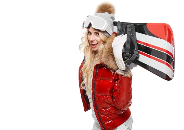 Žena v šatech snowboardista — Stock fotografie