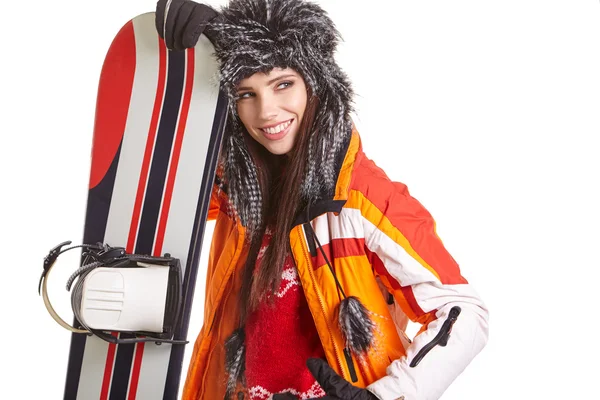 Femme en costume de snowboarder — Photo