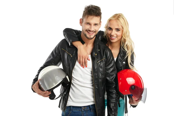 Motorcyclists couple with helmets — Stock Photo, Image