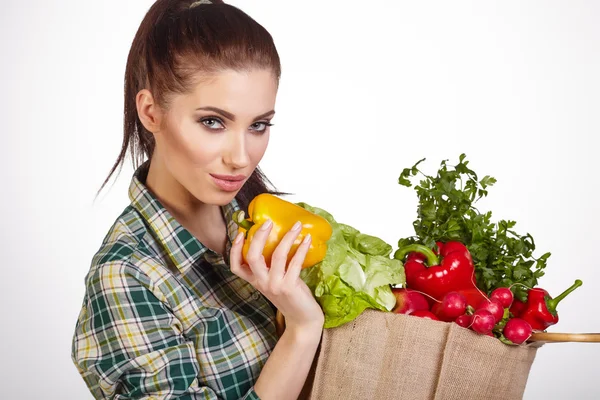 Mujer con comestibles en bolsa —  Fotos de Stock