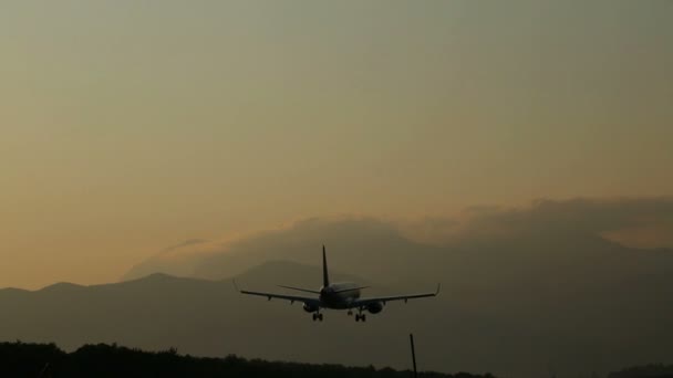 Airplane landing at sunrise — Stock Video