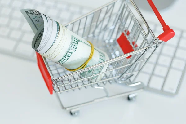 Dólares en el carrito de la compra - concepto de compras en línea — Foto de Stock