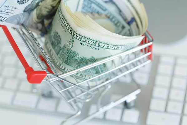 Dollars in the shopping cart - concept of online shopping — Stock Photo, Image