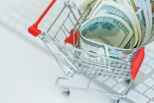 Dólares no carrinho de compras - conceito de compras online — Fotografia de Stock