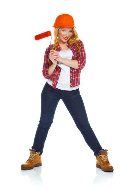 Rulo bir kask içinde kız elinde tecrit üzerinde