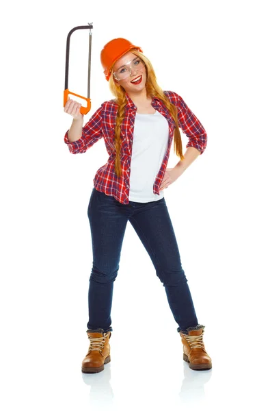 Young woman in helmet with the work tools on a white — Stock Photo, Image