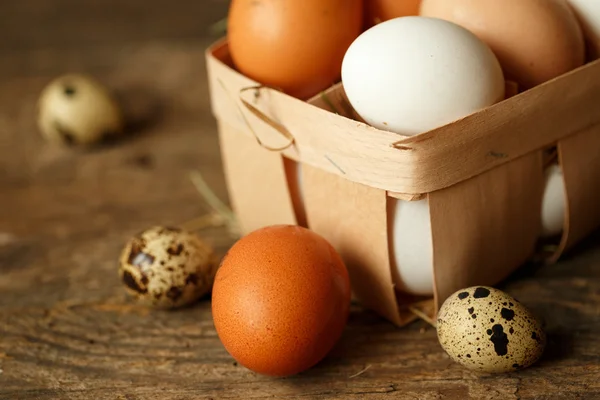 Kip en kwartel eieren op een houten rustieke achtergrond — Stockfoto