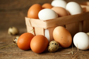 Taze tavuk ve Bıldırcın yumurta bir ahşap arka plan üzerinde