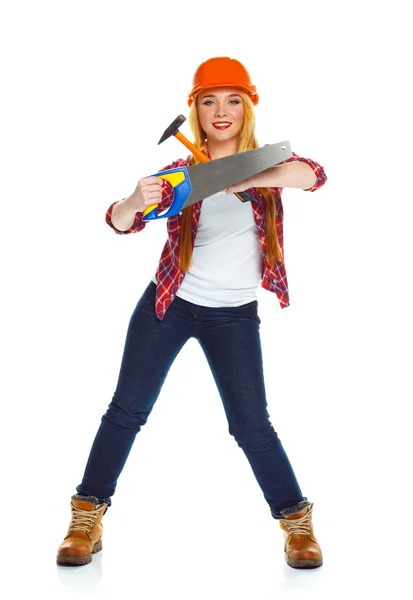 Young woman in helmet with the work tools on a white — Stock Photo, Image