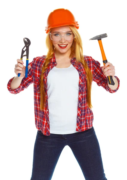 白の作業工具とヘルメットの若い女性 — ストック写真