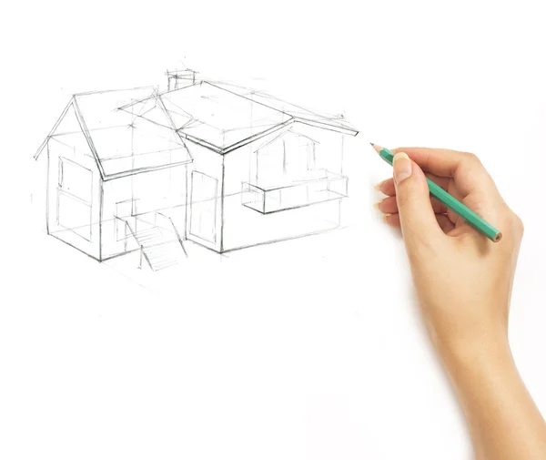 Hand drawing a house with a pencil on a white — Stock Photo, Image
