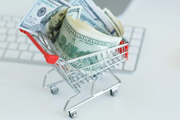 Dollars in the shopping cart on a computer keyboard — Stock Photo, Image