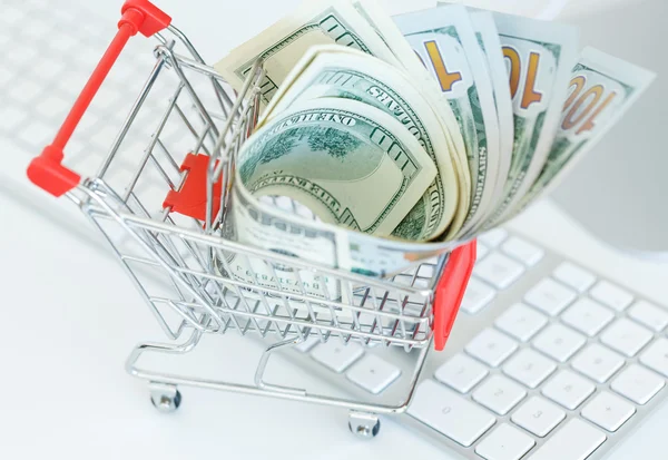 Dollars in the shopping cart on a computer keyboard — Stock Photo, Image