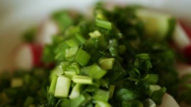 Salata sebze karıştırma: turp, salatalık, yeşil soğan, zeytin yağı