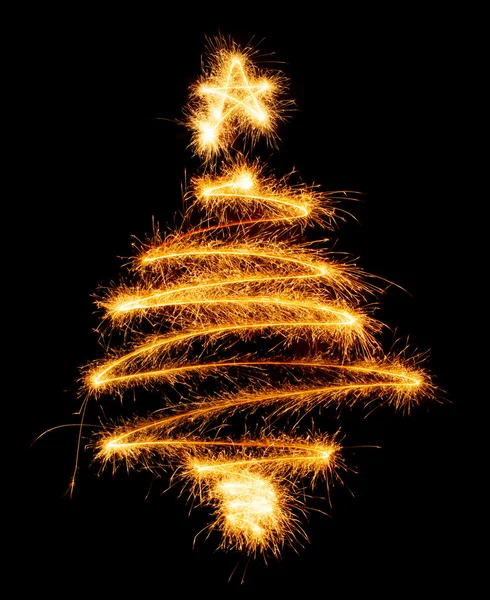 Christmas tree made by sparkler on a black — Stock Photo, Image