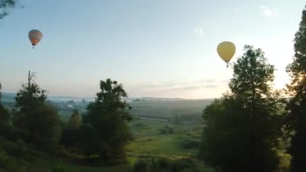Bunte Heißluftballons fliegen über grüne Wiesen und Morgennebel bei Sonnenaufgang. Reisen, Abenteuer, Festival. — Stockvideo