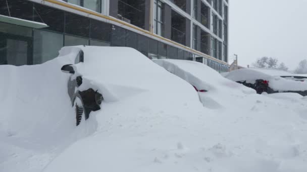 Αυτοκίνητα που καλύπτονται από χιόνι μετά από χιονοθύελλα. Κατοικίες κτίριο στο παρασκήνιο. — Αρχείο Βίντεο