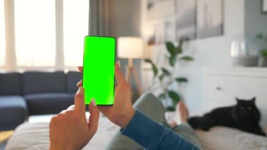 Evde bir kadın siyah kediyle yatakta uzanıyor ve dikey modda yeşil maket ekranlı akıllı telefon kullanıyor. Kız internette geziniyor, içeriği izliyor, videolar izliyor. POV.