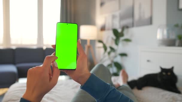 Mujer en casa acostada en una cama con gato negro y usando smartphone con pantalla verde en modo vertical. Chica navegando por Internet, viendo contenido, videos. POV. — Vídeos de Stock