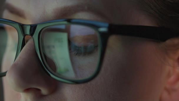 Kvinna i glasögon tittar på skärmen och och arbetar med diagram och analyser. Skärmen reflekteras i glasögonen. Arbeta på natten. Extrem närbild — Stockvideo