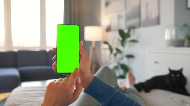 Woman at home lying on a bed with black cat and using smartphone with green mock-up screen in vertical mode. Girl browsing Internet, watching content, videos. POV. — Stock Video