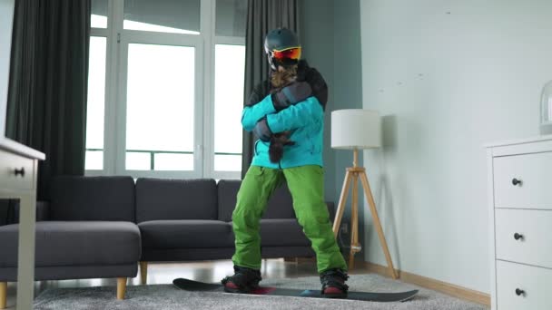 Rolig video. Man klädd som en snowboardåkare åker snowboard på en matta i ett mysigt rum. Han håller en fluffig katt i sina armar. Väntar på en snöig vinter. Långsamma rörelser — Stockvideo